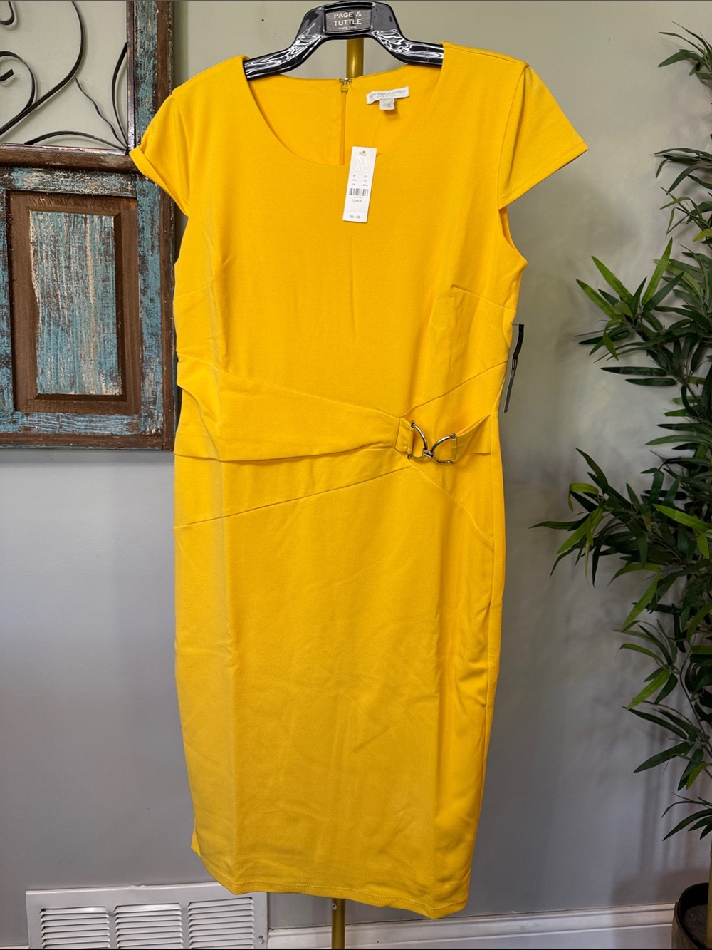 New York & Company Bright Yellow Sheath Dress Silver Side Ring Accent NWT L